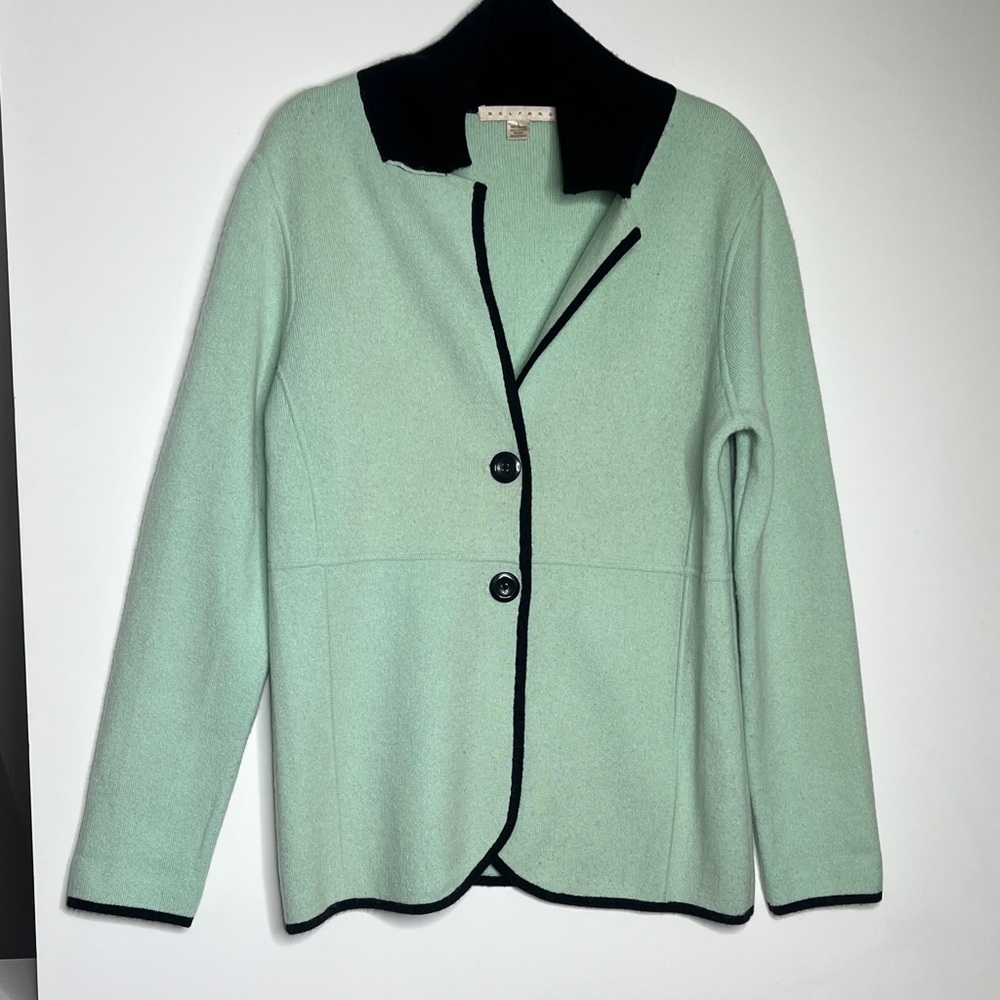 Belford Sz L 100% Cashmere Front Button Cardigan Sweater Jacket Black Teal - Picture 3 of 7